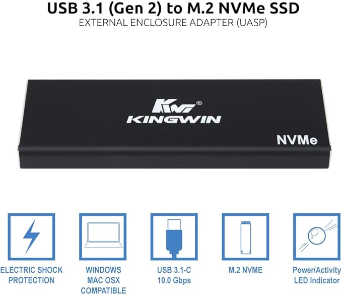 Kingwin M.2 SSD NVMe External Enclosure, 10Gbps USB 3.1 Gen 2 M-Key to USB C Solid State Drive Adapter, PCIe USB 3.0 USB C Cables, Fit Size 2230/2242/2260/2280, Aluminum, KM-U3NGFF-NVE