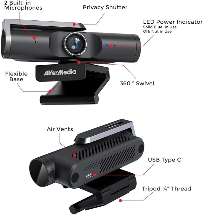 AVerMedia PW515 4K Ultra HD Business Webcam with Microphone for PC/Desktop/Laptop/Mac, with AI Auto Framing for Streaming, Meeting, Video Calls, Sony Sensor, Works with Teams, Zoom, Google Meet, OBS