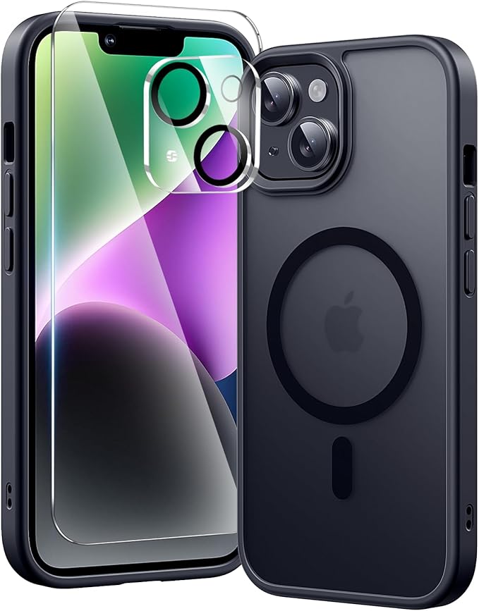 toushion 3 in 1 for iPhone 14 Case with MagSafe, Screen Protector*1 Camera Lens Protector*1,Matte Skin Feeling Back Cover Military-Grade Protection for iPhone 14 Phone Case 6.1 inch Matte Black
