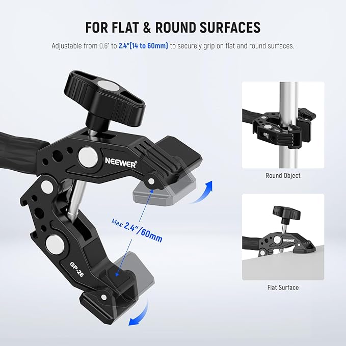 NEEWER Action Camera Mount Kit with Super Clamp, Soft Tube, Action Camera Adapter, Adjustable Holder for Flat/Round Surfaces, Compatible with GoPro Insta360 DJI Smartphone GP-26