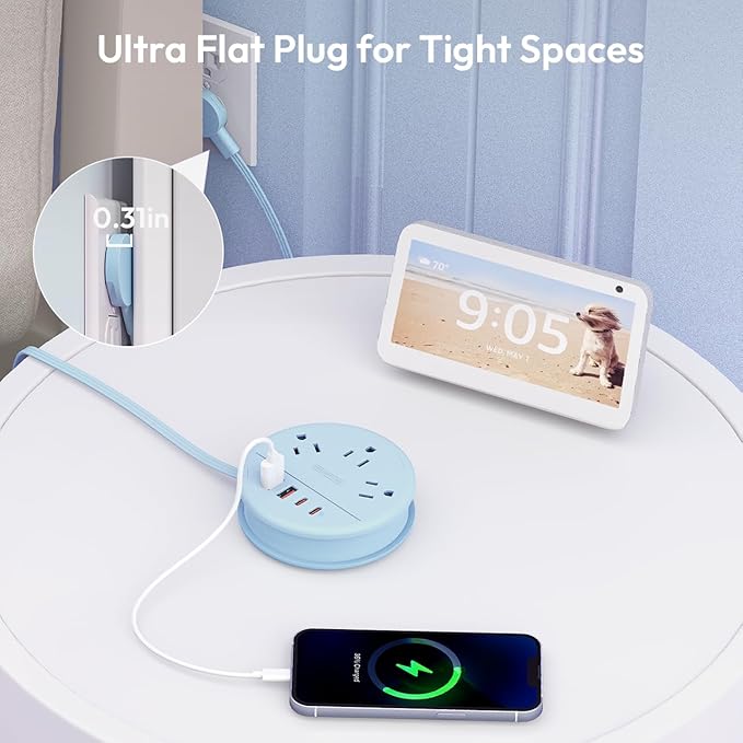 NTONPOWER Blue Travel Power Strip 20W, Travel Essentials, Cruise Essentials 3 Outlets 4 USB Ports(2 USB C), 4FT Wrapped Around Extension Cord for Travel Cruise Ship Beach Vacation Essentials