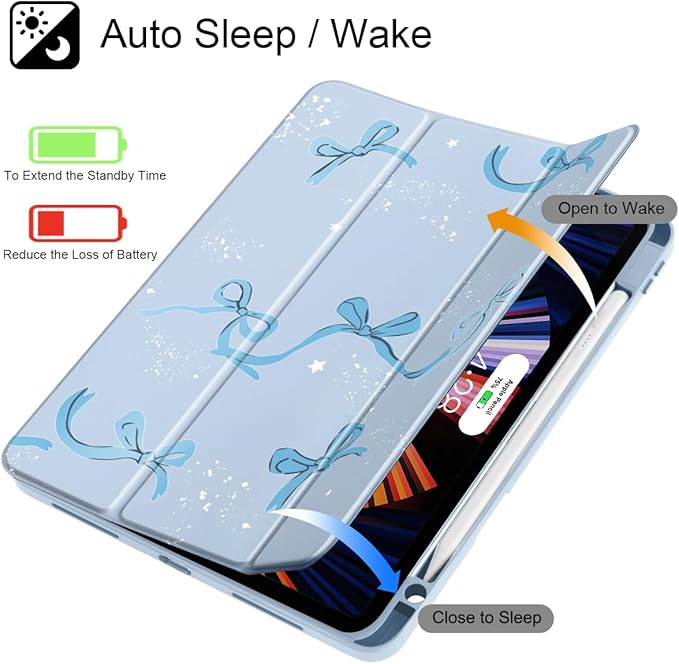 Tuiklol for iPad Pro 12.9 Inch 6th/5th/4th/3rd Generation 2022 2021 2020 2018 Case,Built-in Pencil Holder Clear Transparent Protective Back Shell Cover with Auto Sleep/Wake, Bow-Blue