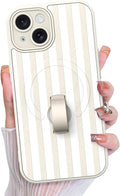 KANGHAR Compatible with iPhone 15 Case, Support for MagSafe, Silicone Stripes Cute Pattern, Wristband Kickstand Camera Protection Soft Slim Cover for Girls Women -White