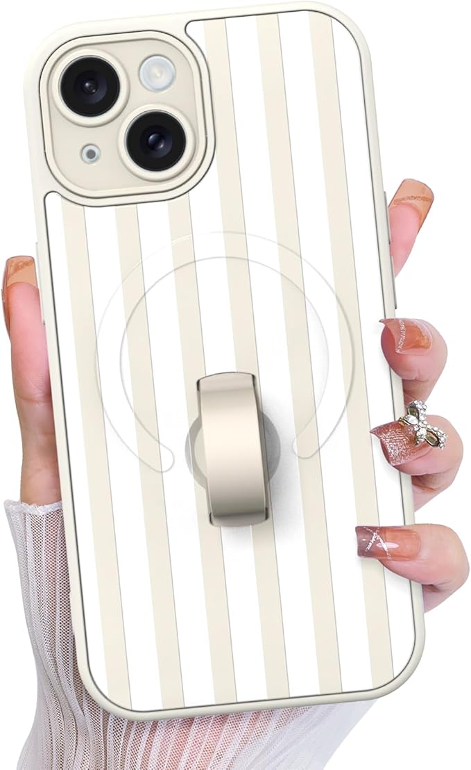 KANGHAR Compatible with iPhone 15 Case, Support for MagSafe, Silicone Stripes Cute Pattern, Wristband Kickstand Camera Protection Soft Slim Cover for Girls Women -White