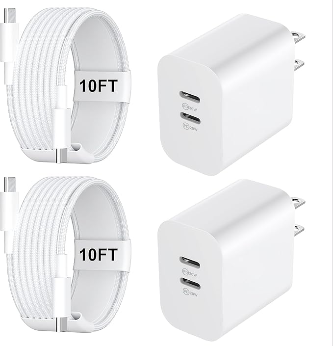 Fast Charger for 15 16 17 Pro Max, 10FT Nylon Braided USB C to C Charging Cable Cord & 20W Dual Port USB C Fast Charger Block for Phone 17 16 15 Pro Max/17 16 15/15 Plus,Android Phone-White