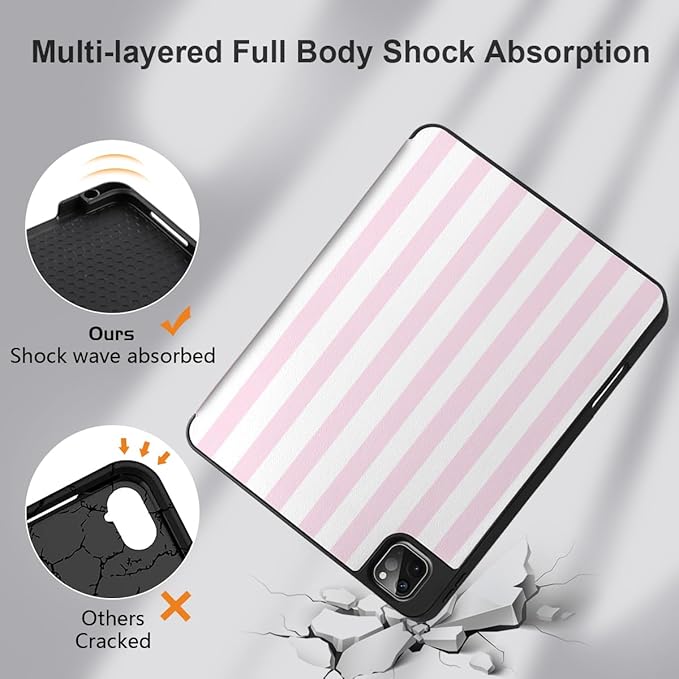 DONGKE Case for iPad Pro 12.9 inch 6th Generation 2022, Built-in Pencil Holder + Trifold Stand + Auto Wake/Sleep + Protective Cover for iPad Pro 12.9 5th/4th/3rd Gen- Pink Stripes