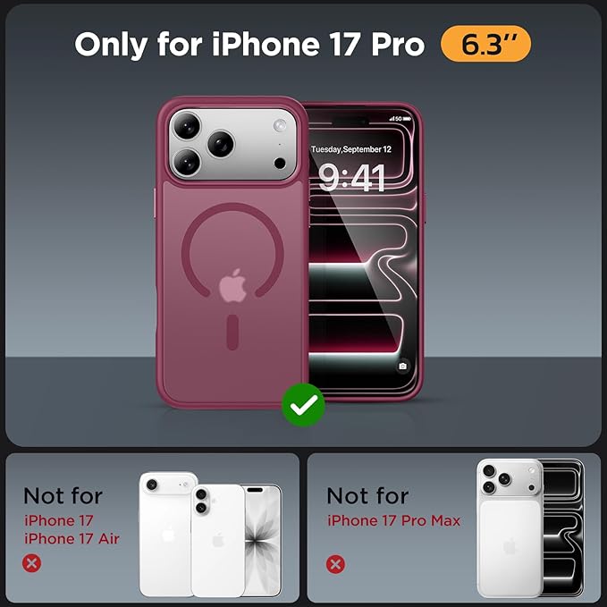 Miracase Magnetic for iPhone 17 Pro Case 6.3" with Screen Protector, [Compatible with MagSafe] Military-Grade Protection, Anti-Fingerprint, Slim Thin Phone Case for 17 Pro Cover, Wine Red