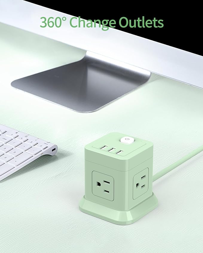 Cube Power Strip, FDTEK 4 Widely Spaced Outlet with 3 USB (1 USB C) Flat Plug Power Strips with Long Extension Cords Space Save Compact Portable for Travel Home Office Cruise - 10FT Green