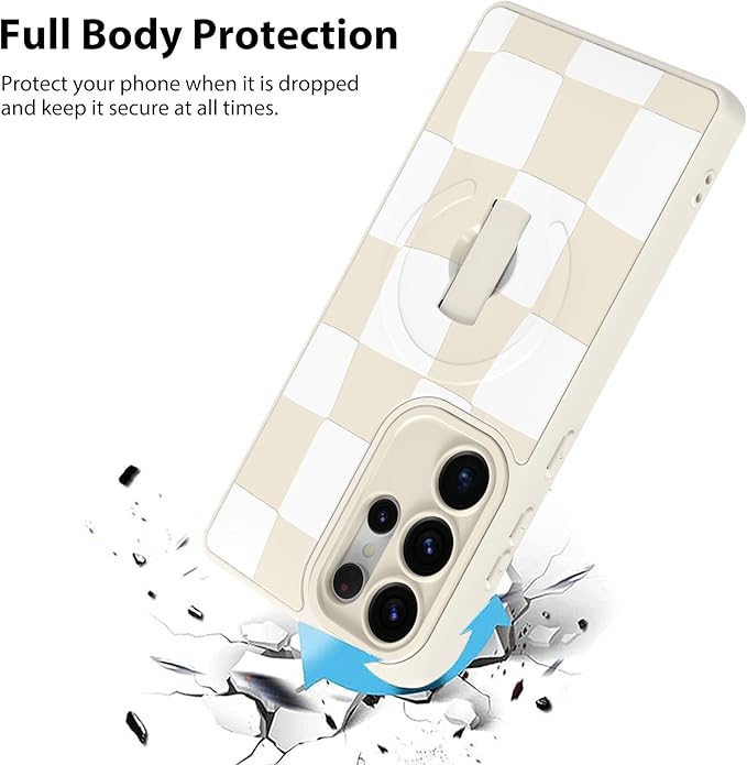 KANGHAR Compatible with Samsung Galaxy S25 Ultra Case, Support for MagSafe, Silicone Checkered Cute Pattern, Wristband Kickstand Camera Protection Soft Slim Cover for Girls Women -White