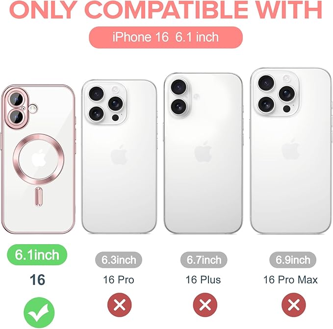 Hython Magnetic Clear for iPhone 16 Case with Camera Lens Protector [Compatible with MagSafe] Luxury Plating Edge Slim Soft TPU Cover Protective Phone Case for iPhone 16 6.1", Pink