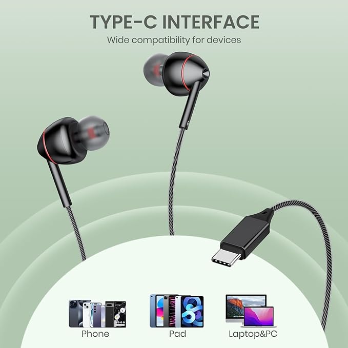 USB-C Wired Earbuds with Microphone, Volume Control, Noise Canceling, Compatible with Samsung Galaxy S24 S23 S22, iPhone 17 16 15 Pro Pro max, Pixel Phones