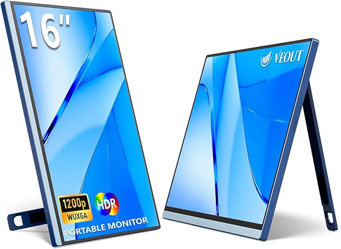 Veout Portable Monitor 16" 1200P FHD Dual USB-C/HDMI Ultra-Slim Travel Monitor with Kickstand & Speakers, 16:10 IPS External Second Screen Compatible with Laptop, Mini PC, MacBook, PS, Switch