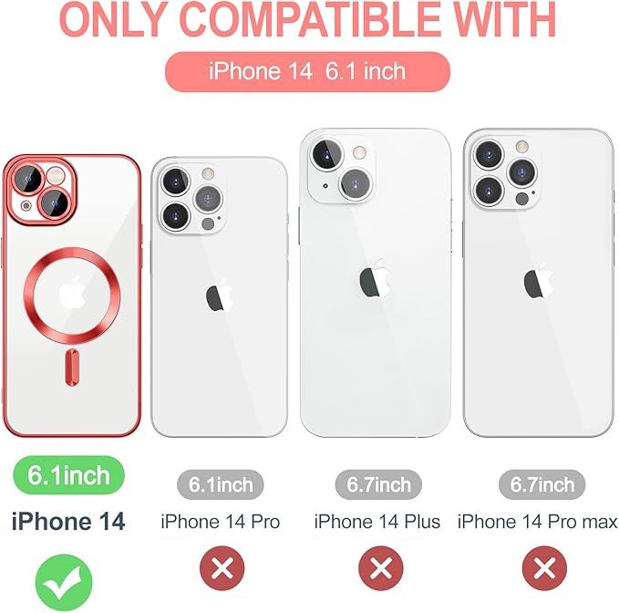 Hython Magnetic Clear for iPhone 14 Case with Camera Lens Protector [Compatible with MagSafe] Luxury Plating Edge Slim Soft TPU Cover Protective Phone Case for iPhone 14 6.1", Red