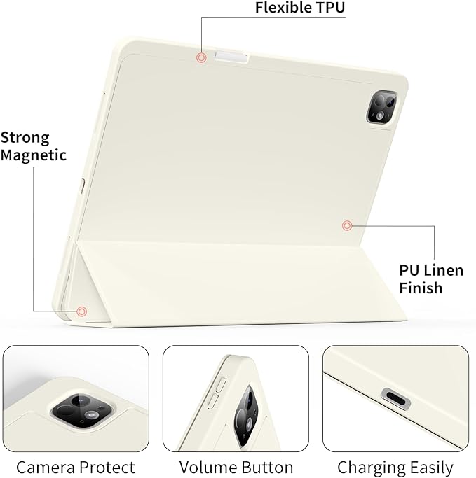 for iPad Pro 12.9 Case (6th/5th/4th/3rd Generation 2022/2021/2020) & ipad Air 13 inch case (M3 2025/M2 2024) with Pencil Holder, Smart Slim Trifold Stand Case with Soft TPU Back (Cream White)