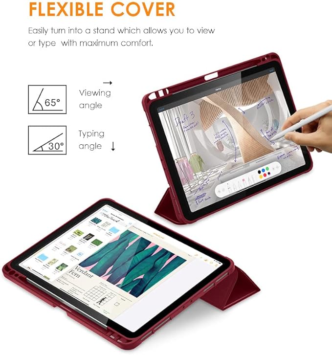 DTTO for iPad Pro 11 inch 4th/3rd/2nd/1st Generation 2022/2021/2020/2018 Case, Smart Slim Trifold Stand Soft TPU Back Cover with Built-in Pencil Holder, Also Fit iPad Air 5/4,Burgundy Red