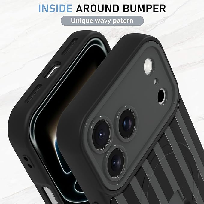 KANGHAR Compatible with iPhone 17 Pro Max Case, Support for MagSafe, Silicone Stripes Cute Pattern, Wristband Kickstand Camera Protection Soft Slim Cover for Girls Women -Black