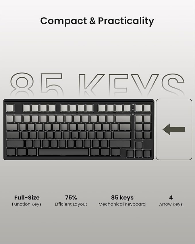 Kisnt KN85 Wireless Mechanical Gaming Keyboard, 75% Layout with RGB Backlit, Custom Hot Swappable, Creamy Sound, Bluetooth/2.4GHz/USB-C Compatible with Windows/Mac/PC(Gradient Gray, Side Printed)