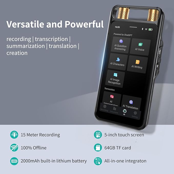 AI Voice Recorder with Playback, Digital Voice Recorder with Transcription to Text, Summary, Translation, Full Touchscreen Recorder Device for Meetings, Lectures, Interviews with 80GB Memory