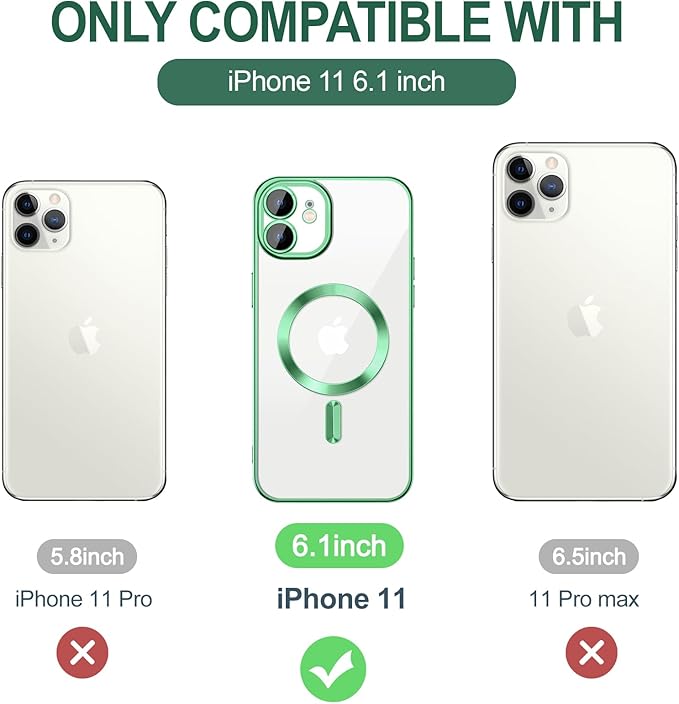 Hython Magnetic Clear for iPhone 11 Case with Camera Lens Protector [Compatible with MagSafe] Luxury Plating Edge Slim Soft TPU Cover Protective Phone Case for iPhone 11 6.1", Light Green