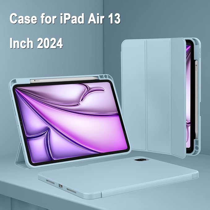 ZryXal New iPad Air 13 Inch Case M3 2025/M2 2024 with Pencil Holder, Trifold Stand Smart Case with Soft TPU Back,Auto Wake/Sleep(Light Blue)