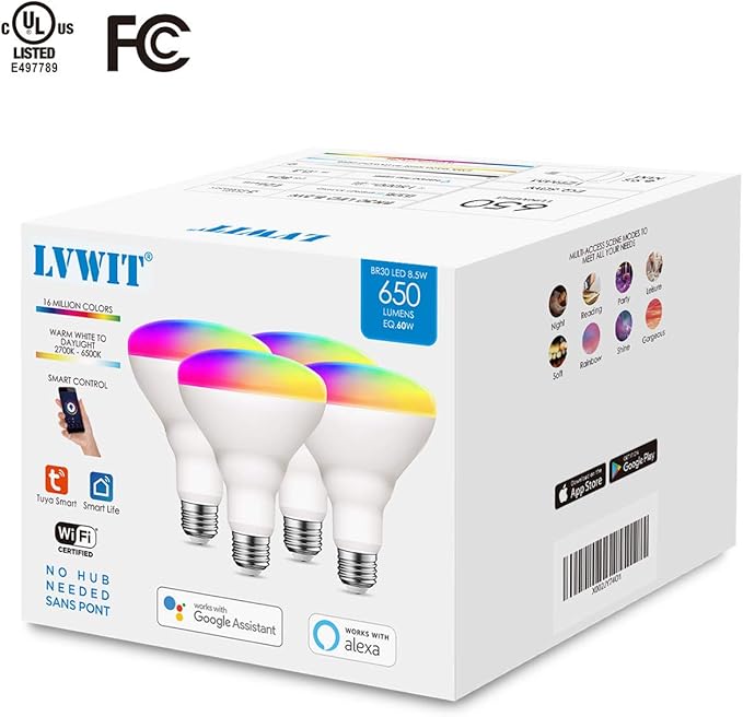 LVWIT Smart Light Bulbs Alexa, BR30 60W Equivalent, E26 Smart LED, Work with Google Assistant, Smart Life App, Tuya App, RGB Color Changing Bulb (8.5W), No Hub Required, 4-Pack