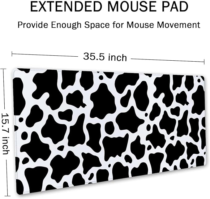 SSOIU White Black Cow Pattern Desk Pad, Personalized Desk Mat, Cow Print Desk Mat, Cute Desk Pad, Extended Gaming Mouse Pad (35.5x15.7 in), Large Non-Slip Rubber Base Mousepad with Stitched Edges