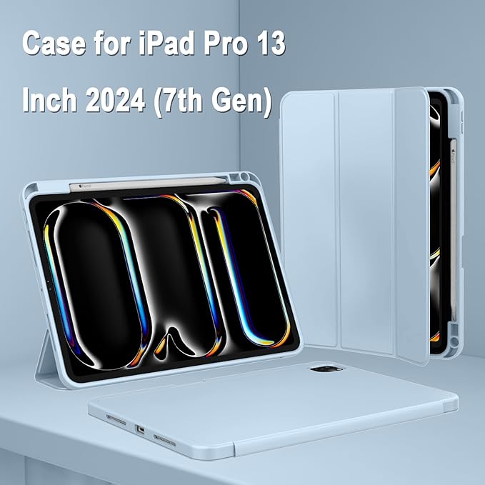 ZryXal New iPad Pro 13 Inch Case (M5) 2025 / (M4) 2024 with Pencil Holder, Smart iPad Case [Support Pencil Pro and Pencil (USB-C)], Support Touch ID and Auto Wake/Sleep (New Sky Blue)