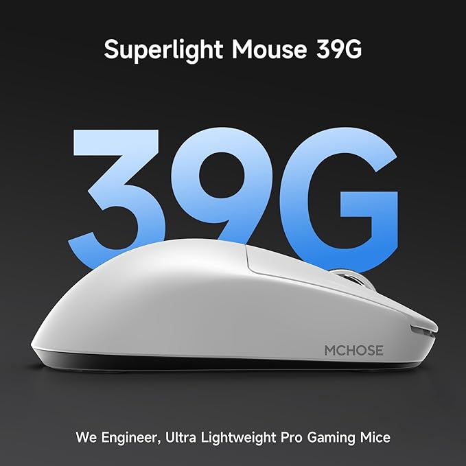MCHOSE L7 Pro Wireless Gaming Mouse Super Light 39g, Gaming Mouse Esport with 26K DPI, Optical Switch, Programmable Buttons, Dual 8K Polling and PAW3395 Sensor, Tri-Mode Connection, PC/Mac - White