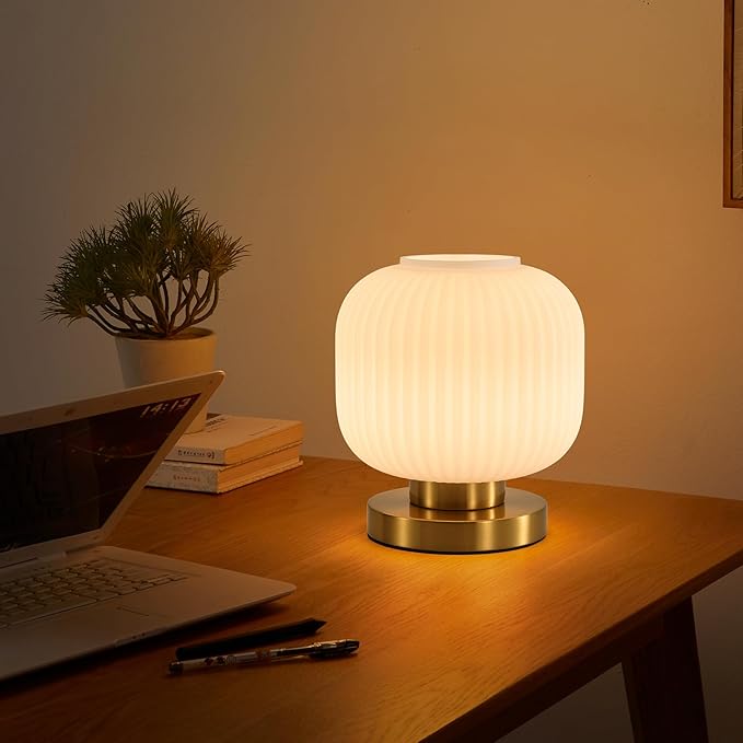 Globe Glass Mid Century Lamp: 7.9" Dimmable Milky White Brass Small Plug in Table Lamps - Vintage Cute Bedroom Ambient Bedside Nightstand Lamp - Modern Entryway Desk Shelf Gold Decorative Ribbed Lamps