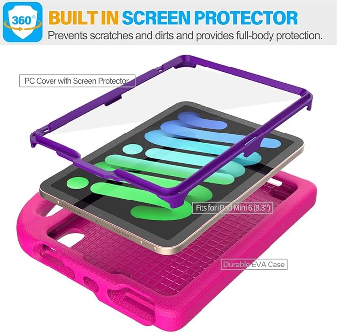 SUPLIK Kids Case for iPad mini 7 (A17 Pro) 2024 & iPad mini 6 2021, 8.3-inch iPad mini 6th/7th Generation Case with Screen Protector, Durable Shockproof Kids Cover with Handle Stand, Pink&Purple