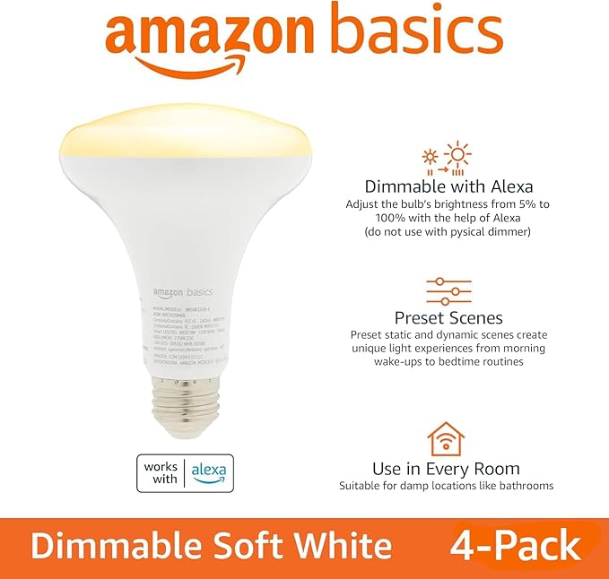 Amazon Basics Smart BR30 LED Light Bulbs for Bedroom Living Room, Dimmable Soft White (2700K), 9W (60W Equivalent), 800LM, Voice Control, Works with Alexa Only, 2.4 GHz Wi-Fi, No Hub Required, 4-Pack