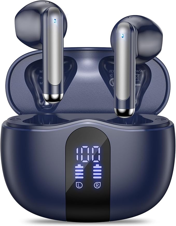 Wireless Earbuds, Bluetooth 5.4 Headphones HiFi Stereo with 4 HD Mic, 50H Playtime Bluetooth Earbuds with LED Display, IPX7 Waterproof Wireless Earphones, Touch Control Ear Buds,USB-C Blue
