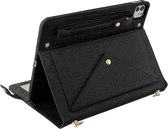Handbag Case for iPad Pro 11-inch 2025 M5/2024 M4, Techcircle Elegant Crossbody PU Leather Folio Envelope Pocket Stand Cover with Hand Strap+Shoulder Strap+Pencil Holder+Card Slots, Black
