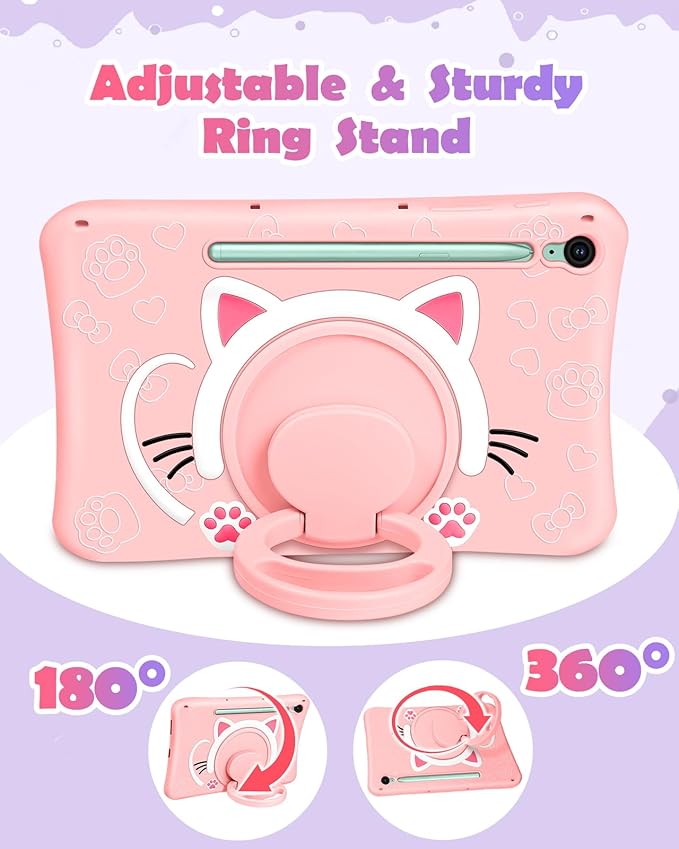Wazzasoft for Galaxy Tab S10 FE/S9 FE Case 10.9 Inch - Girls Cute Cat Kitten 3D Cartoon Women Soft Silicone Tablet Cover for Samsung Galaxy S9 FE with Rotating Stand & Strap Funda para Tab S10 FE 5G