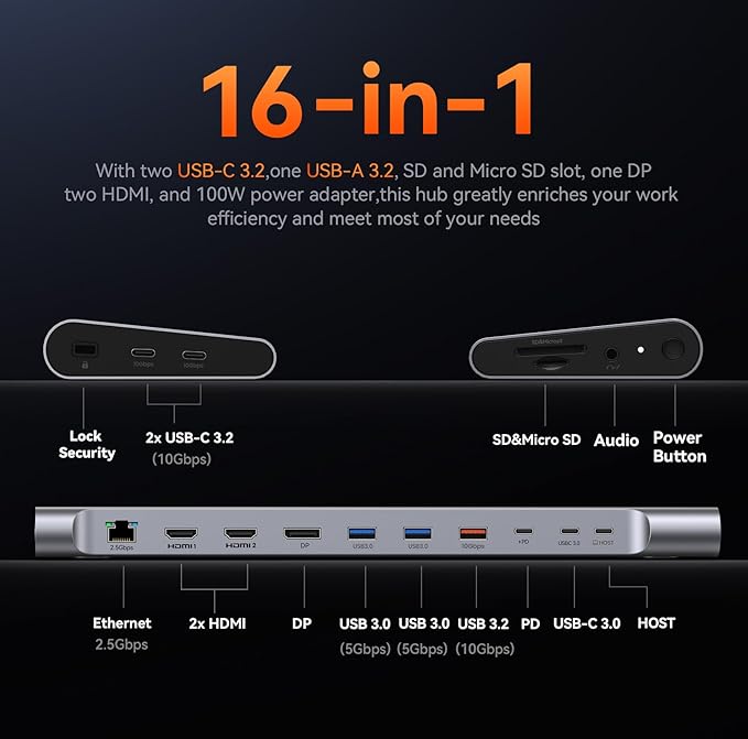 TobenONE 16-in-1 USB-C Docking Station 3 Monitors & Dual Monitor,2 HDMI+DP+6 USB Ports for Office & Home Use,Capable of 100W Power Supply & 2.5Gbps Ethernet, Used with Dell/HP/Lenovo