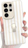 KANGHAR Compatible with Samsung Galaxy S26 Ultra Case, Support for MagSafe, Silicone Stripes Cute Pattern, Wristband Kickstand Camera Protection Soft Slim Cover for Girls Women -White