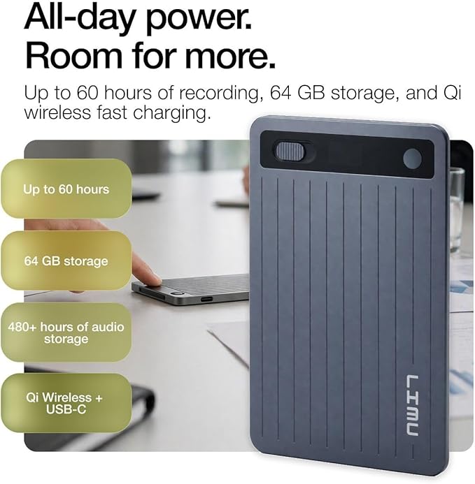 LIMU AI Voice Recorder, German Design AI Note Taking Device with GPT-5.5, Wireless Charging Audio Recorder, Transcribe, Summarize, MindMap, 125 Language, AI Assistant for Meetings, Calls, Lectures