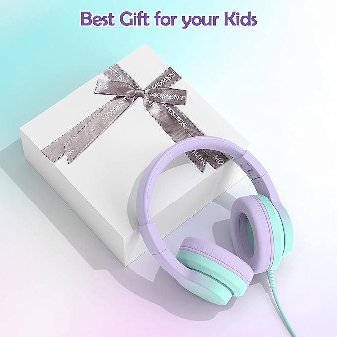 Candy Bila Kids Headphones, Wired Headphones for Kids Over Ear with Microphone, 85/94dB Volume Limiter Headphone for Girls Boys, Foldable Headphone for Learning & Entertainment,Gradient Purple