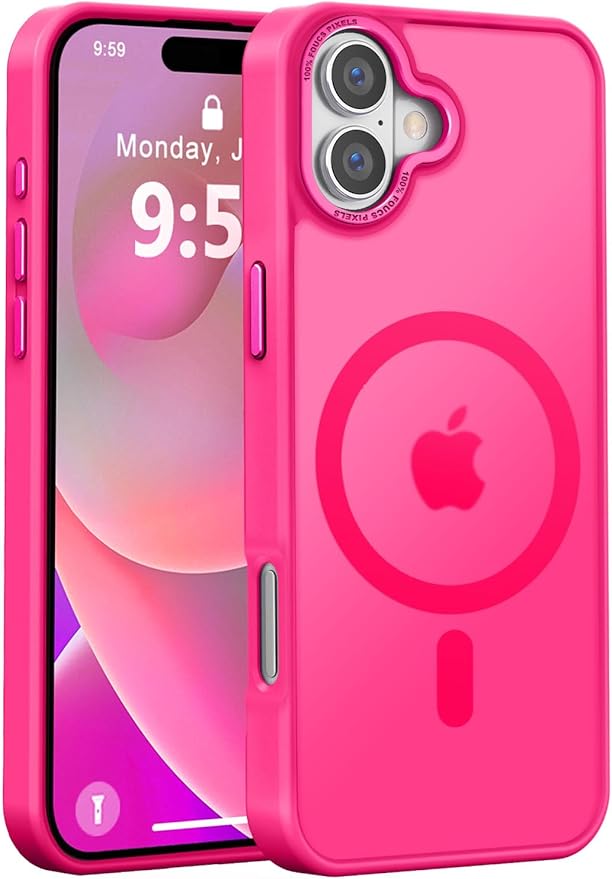 Newfuture Designed for iPhone 16 Case with Magnetic [13 FT Military Drop Protection] [Compatible with Magsafe] Slim Translucent Matte Shockproof with Anti-Fingerprint Phone Case, Hot Pink
