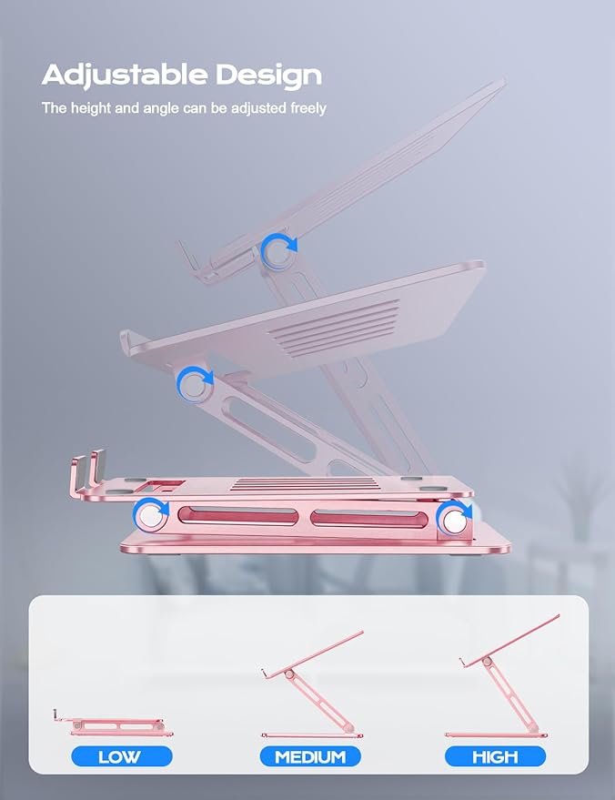 LOXP Adjustable Laptop Stand, Portable Laptop Riser, Aluminum Laptop Stand for Desk Foldable, Ergonomic Computer Notebook Holder for Desk, Office Desk Accessories (10-15.6'')- Pink