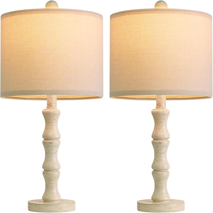 BOBOMOMO 20.5" Farmhouse Bedside Lamps Set of 2, Vintage Nightstand Lamps with Antique White Resin Base & Linen Shade, Small Table Lamps for Bedroom, Living Room, Nursery & Light Neutral Home Décor
