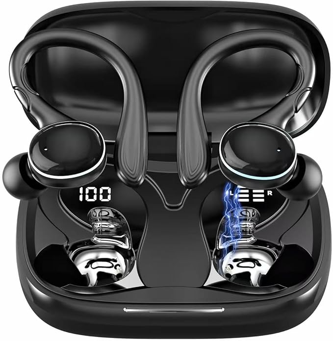 Wireless Earbuds Bluetooth 5.3 Headphones Stereo Ear Buds, ENC Noise Cancelling Mic,IPX7 Waterproof Earphones with Hook for Android iOS Smart Phone Laptop Computer Sports - Black