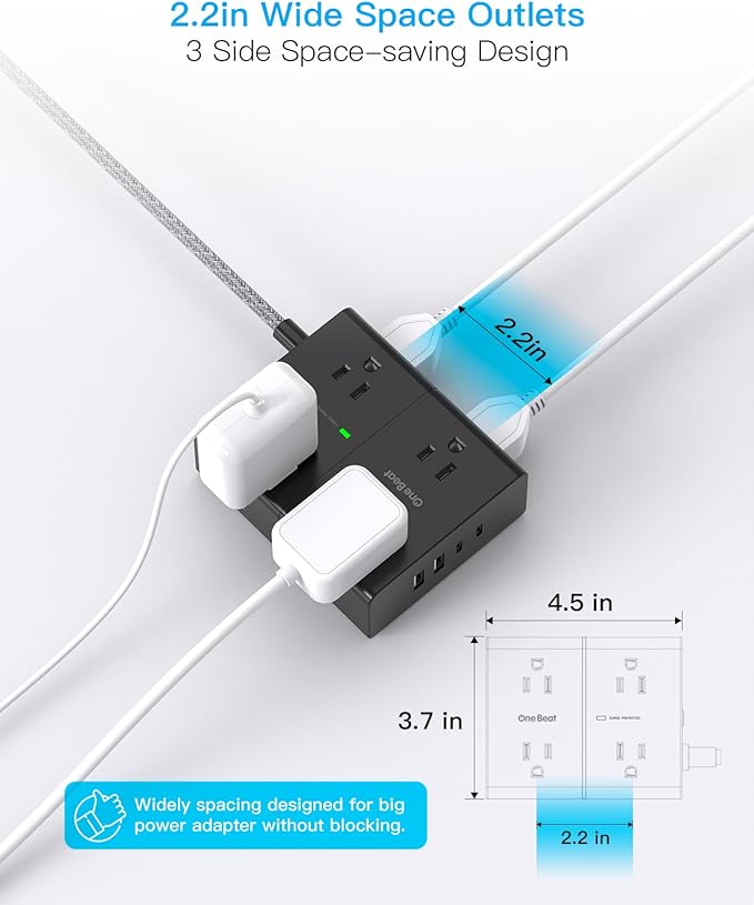 Surge Protector Power Strip 25 Ft Cord, Ultra Thin Flat Extension Cord with 8 Outlets 4 USB Ports(2 USB C), Flat Plug Power Strip, 25 Ft Long Braided Power Cord for College Dorm Room Essentials-BK