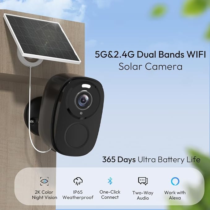 5G/2.4G Solar Security Cameras Wireless Outdoor, 2K Battery Camera w/Solar Panel,Siren Alarm,Color Night Vision, 2-Way Talk,Waterproof, Works/Alexa,No Monthly Fee,Wifi Camera for Outdoor Surveillance