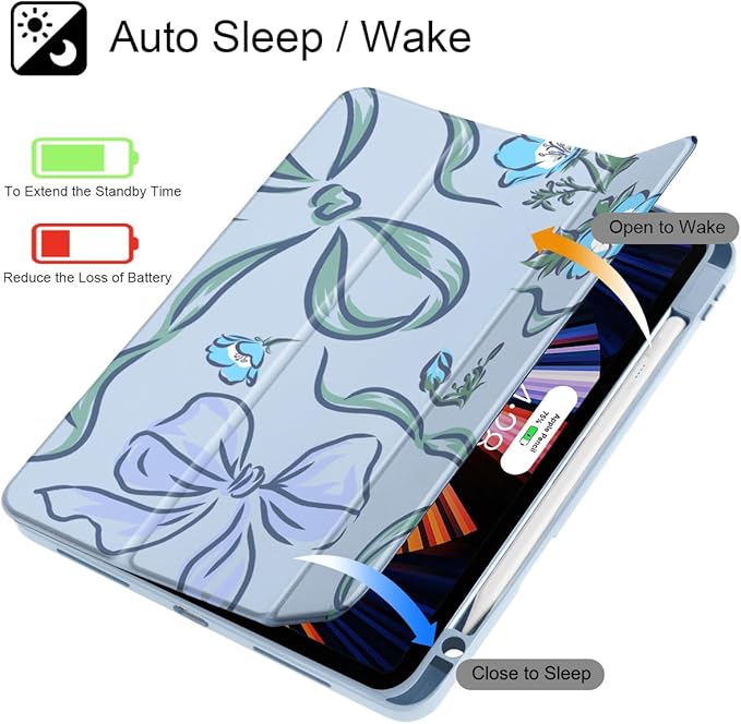 Mektron Case for iPad Pro 11 inch (4th, 3rd, 2nd & 1st Gen) 2022 2021 2020 2018, Buit in Pencil Holder with Shockproof Cover Clear Shell + Trifold Stand + Auto Wake/Sleep, Bows C355
