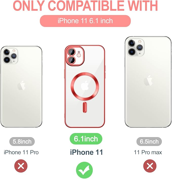 Hython Magnetic Clear for iPhone 11 Case with Camera Lens Protector [Compatible with MagSafe] Luxury Plating Edge Slim Soft TPU Cover Protective Phone Case for iPhone 11 6.1", Red