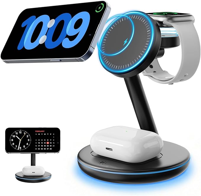 QWOSE 2026 3 in 1 Charging Station for Apple iPhone AirPods Watch with Mag-Safe Charger Wireless Charger Stand for iPhone 17 16 15 14 13 12 Series AirPods iWatch Series - Gifts for Wife & Husband