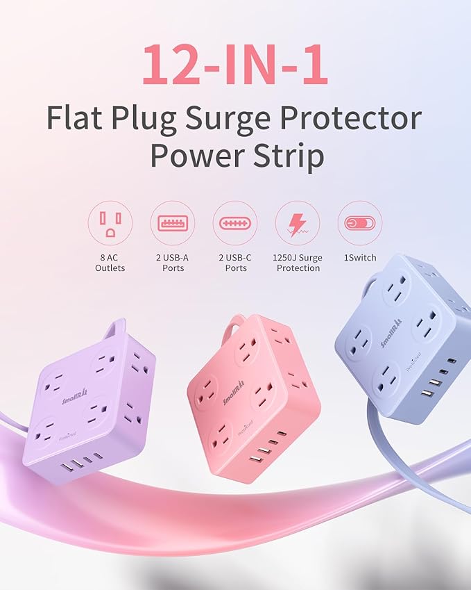 Power Strips with Surge Protection, SMALLRT Extension Cord with Multiple Outlets, 10FT Flat Plug Power Strip with USB Ports, 8 Outlets, Outlet Extender Surge Protector Outlet for Home Office, Pink