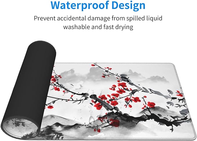 Watercolor Cherry Blossom Mouse Pad 31.5x11.8 Inch Pink Full Desk Japanese Sakura Mousepad Extended Large Non-Slip Rubber Base Waterproof Big Keyboard Mat with Stitched Edges for Gaming and Office