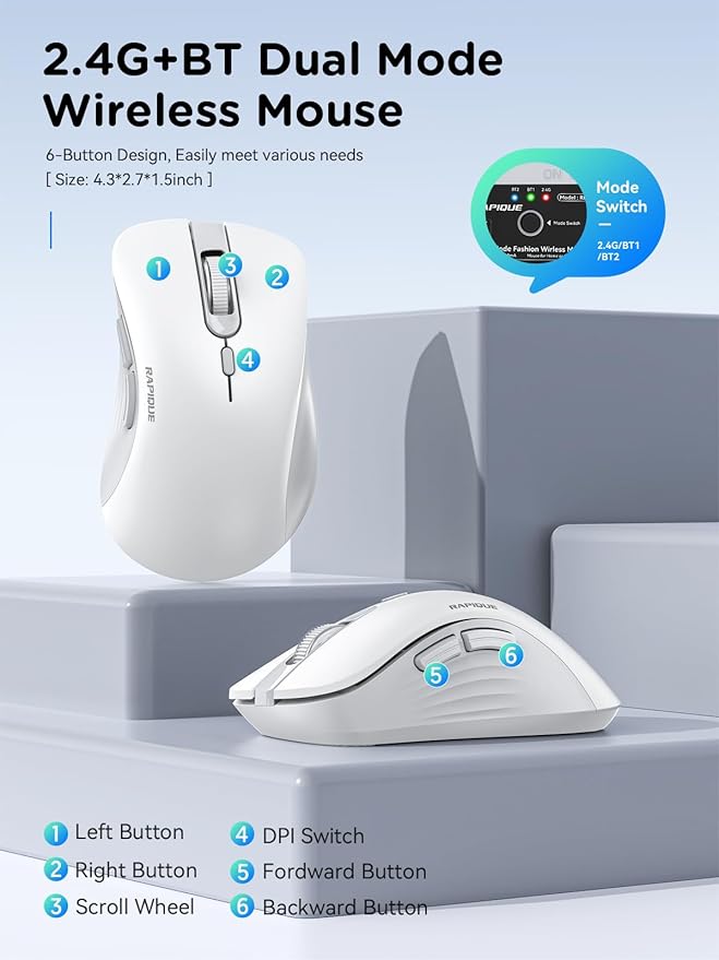 RAPIQUE Wireless Mouse - Dual Bluetooth & 2.4 GHz USB Receiver, Ergonomic Design, Quiet Clicks, Low Power - Multi-Device Compatibility for Laptop, Computer, iPad, MacBook, Chromebook (White and Grey)